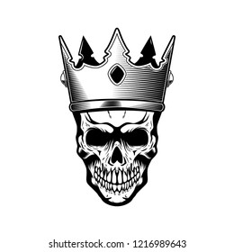 Skull in king crown. Design element for logo, label, emblem, sign. Vector illustration