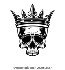 Skull with king crown. Design element for logo, label, sign, emblem. Vector illustration