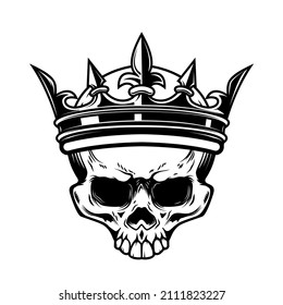 Skull with king crown. Design element for logo, label, sign, emblem. Vector illustration