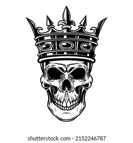 Skull with king crown. Design element for logo, label, sign, emblem. Vector illustration