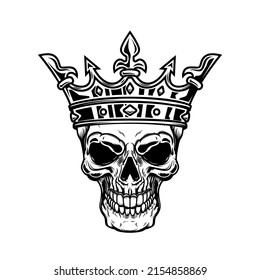 Skull with king crown. Design element for logo, label, sign, emblem. Vector illustration