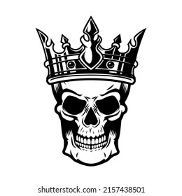 Calavera con corona real. Elemento de diseño para logotipo, etiqueta, signo, emblema. Ilustración del vector