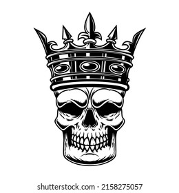 Skull with king crown. Design element for logo, label, sign, emblem. Vector illustration