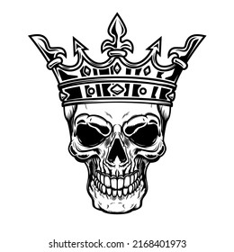 Skull with king crown. Design element for logo, label, sign, emblem. Vector illustration