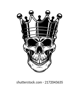 Skull with king crown. Design element for logo, label, sign, emblem. Vector illustration