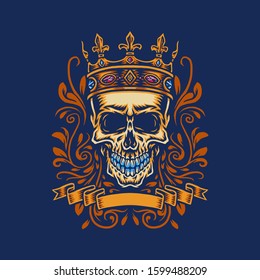 Skull with king crown, hand drawn line with digital color, vector illustration