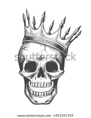 Skull king. Evil in crown ink style vector illustration, dead head coronation horror graphic, war face with diadem tattoo image on white