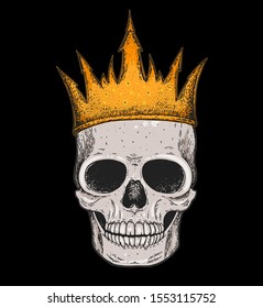 Skull of king hand drawn illustration. Tattoo vintage print. Crown and skull colorful illustration. Vector print. Gold crown on the skull.
