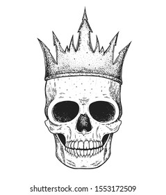 Skull of king hand drawn illustration. Tattoo vintage print. Crown and skull sketch. Vector print. Gold crown on the skull.