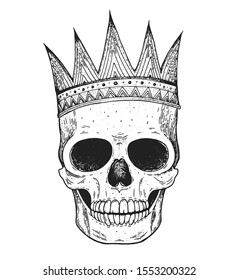 Skull of king hand drawn illustration. Tattoo vintage print. Crown and skull sketch. Vector print. Gold crown on the skull.