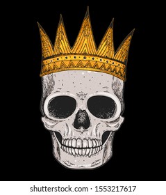 Skull of king hand drawn illustration. Vintage print. Crown and skull colorful illustration. Vector print. Gold crown on the skull.