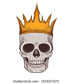 Skull of king hand drawn illustration. Vintage print. Crown and skull colorful illustration. Vector print. Gold crown on the skull.