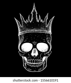 Skull of king hand drawn illustration. Tattoo vintage print. Crown and skull sketch. Vector print. Crown on the skull. 