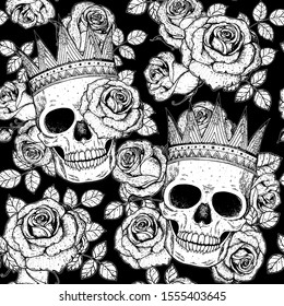 Skull of king hand drawn seamless pattern. Vector illustration. Vintage print. Crown, black roses and skull black and white illustration. Vector print. Crown on the head. 