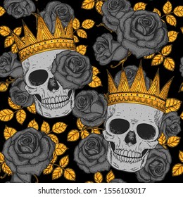 Skull of king hand drawn seamless pattern. Vector illustration. Vintage print. Crown, black roses and skull colorful illustration. Vector print. Gold crown on the head.