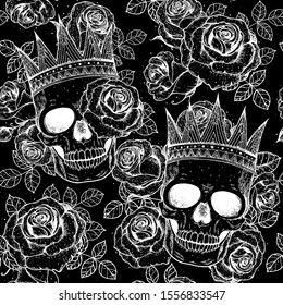 Skull of king hand drawn seamless pattern. Vector illustration. Vintage print. Crown, black roses and skull black and white illustration. Vector print. Crown on the head.