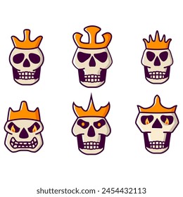Skull king icon. Evil in crown with burning eyes.Isolated on white background. Vector flat illustration.Dead head coronation horror.Dead king skull and crown.Mascot logo.