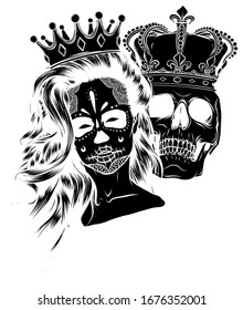 Skull King and Queen vector. Love skull couple. illustration