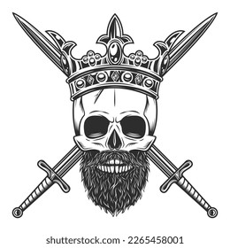 Skull in king royal crown with mustache and beard and crossed sword Isolated on white background monochrome illustration