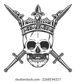 Skull in king royal crown with mustache and crossed sword Isolated on white background monochrome illustration