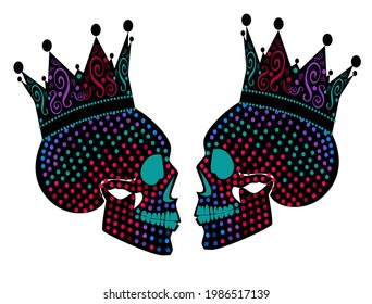 Skull king twins neon color isolated on the white background, vector illustration.