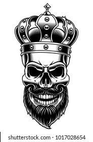 Skull of king. Vector black and white illustration on white background.
