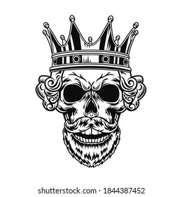 Skull of king vector illustration. Head of character with beard, royal hairdo and crown. Authority concept for monarchy topics or tattoo template