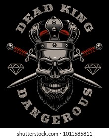 Skull king vector illustration. Shirt design. Text os on the separate group.