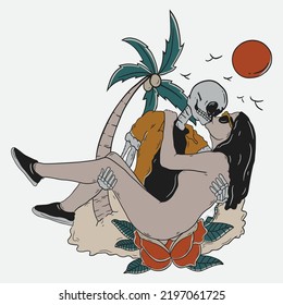 Skull kiss full of love at beach. hand drawn illustration vector