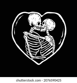 skull kiss full love black   white hand drawn illustration vector