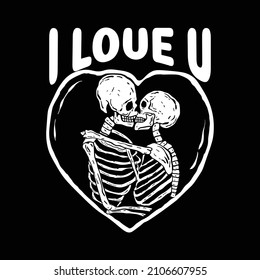 Skull kiss with the words i love u hand drawn illustrations for the design of clothes etc premium vector