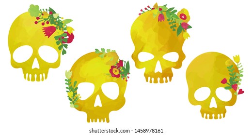 Skull kit with floral elements, bright yellow autumn templates on white background