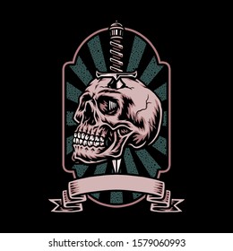 Skull knife with banner, hand drawn line with digital color, vector illustration