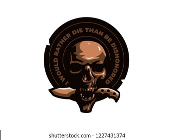 Skull with a knife in his teeth. Patriotic, military, biker badge. Vector illustration.