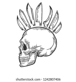 Skull with knife mohawk hairstyle engraving vector illustration. Scratch board style imitation. Black and white hand drawn image.
