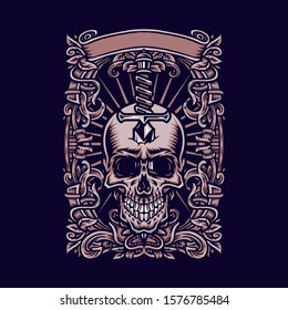 Skull knife with ornate frame, hand drawn line with digital color, vector illustration