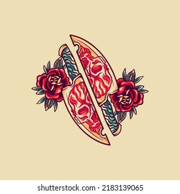 Skull Knife And Roses Retro Illustration For Merchandise