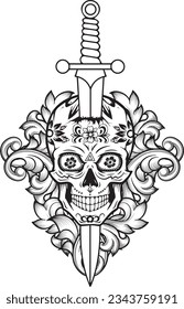 Skull with knife Scary Tattoo design