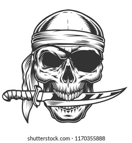 Skull with knife. Vector illustraiton. Pirate concept