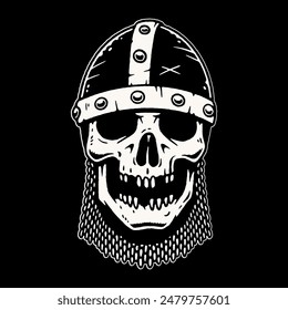 SKULL IN A KNIGHT'S HELMET LOGO WHITE BLACK BACKGROUND