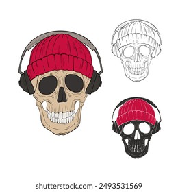 Skull in a Knitted Cap and headphones. Vector illustration