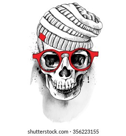 Skull in knitted hat with glasses. Vector illustration.