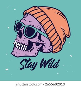 Calavera en un sombrero de punto y gafas de sol. Ilustración vectorial.