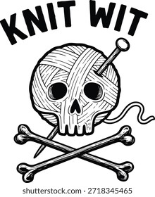 Totenkopf-Strickwerk mit Vektorgrafik für handgemachte Handwerk Hobby-Nadeln Wolle pun und lustiges Textil-Design einzeln schwarz auf transparent