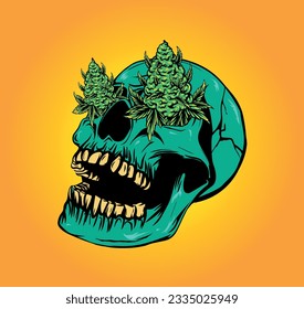 Skull with kush eyes. Illustration skull head for merchandise t-shirt, sticker and label design, poster, or branding. Cannabis eyes. Weed art, thc, cbd. Green dead artwork. Smiling skull. Kush love