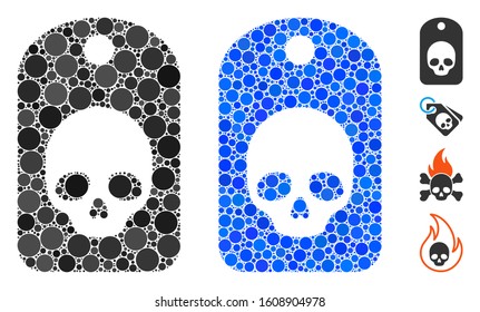 Skull label mosaic of filled circles in variable sizes and color tinges, based on skull label icon. Vector filled circles are united into blue composition.