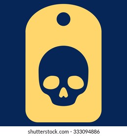 Skull Label vector icon. Style is flat symbol, yellow color, rounded angles, blue background.