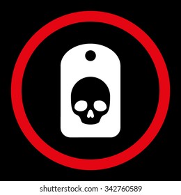 Skull Label vector icon. Style is bicolor flat rounded symbol, red and white colors, rounded angles, black background.