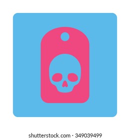 Skull Label vector icon. Style is flat rounded square button, pink and blue colors, white background.