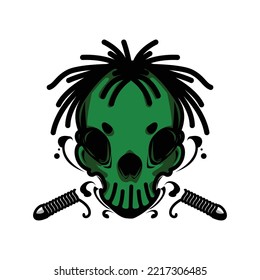 Skull label vector illustration. Tattoo design illustration. T-shirt design illustration. Poster on the wall.